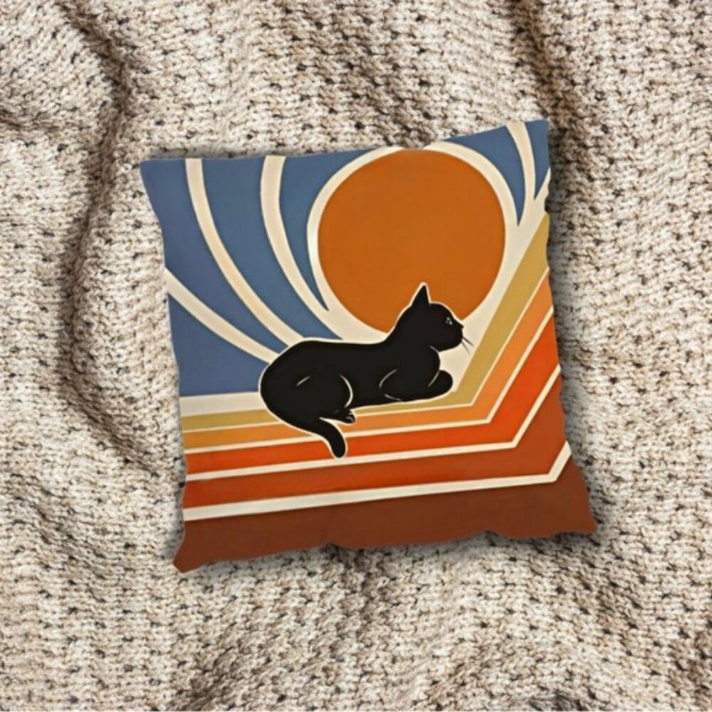 Black Cat Soaking Up Sun Mid Century Modern High Quality Pillow Cover 17” x 17”